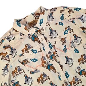 Wrangler Western Cowboy Print Pearl Snap Shirt Boys XXL Cream Blue Rodeo Cotton